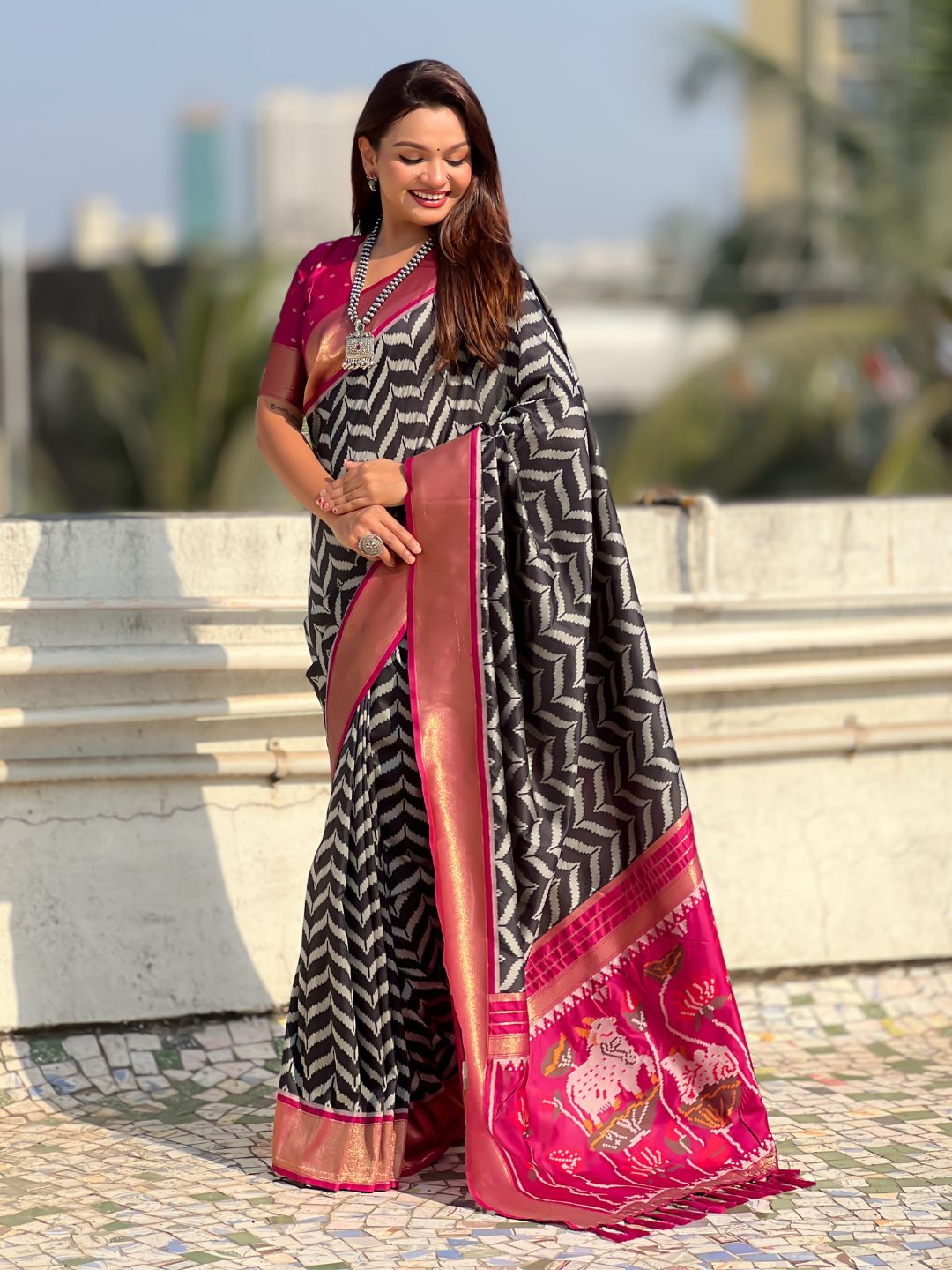 Premium Soft Silk Ikat Weave Pichwai Pallu Saree with Contrast Brocade Blouse