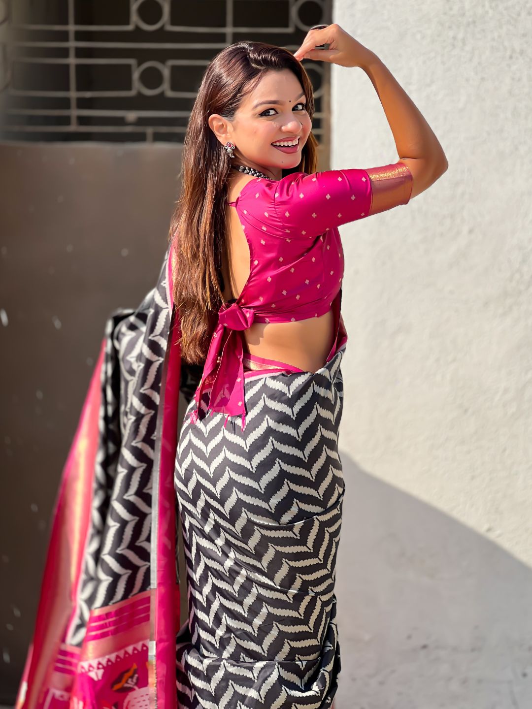Premium Soft Silk Ikat Weave Pichwai Pallu Saree with Contrast Brocade Blouse