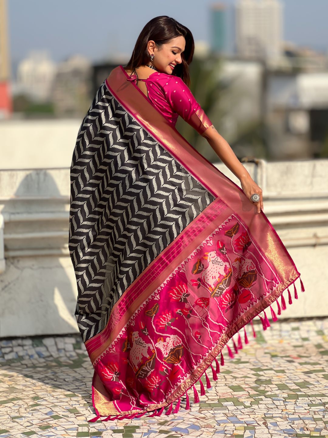 Premium Soft Silk Ikat Weave Pichwai Pallu Saree with Contrast Brocade Blouse