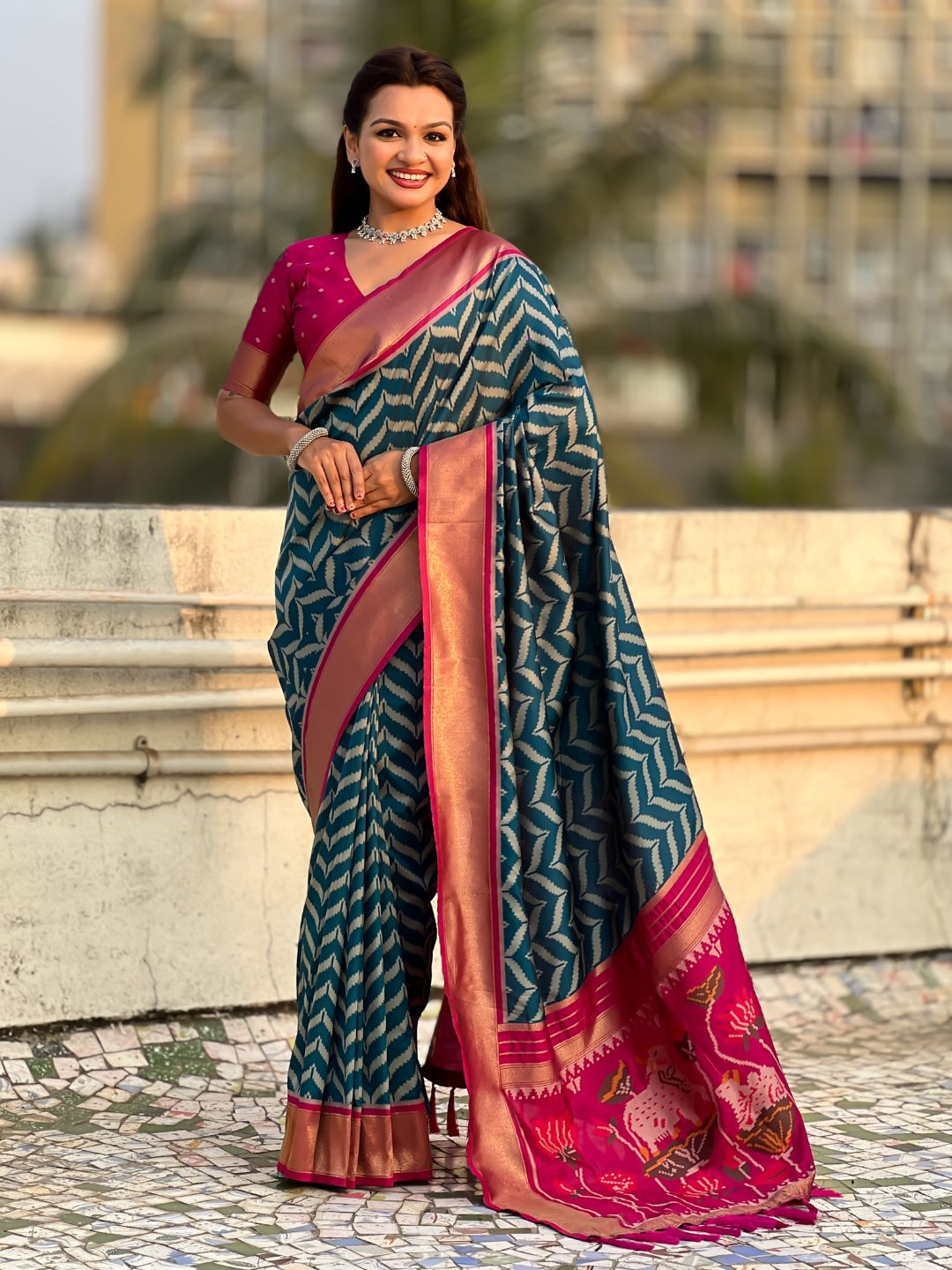 Premium Soft Silk Ikat Weave Pichwai Pallu Saree with Contrast Brocade Blouse
