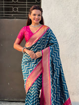 Premium Soft Silk Ikat Weave Pichwai Pallu Saree with Contrast Brocade Blouse