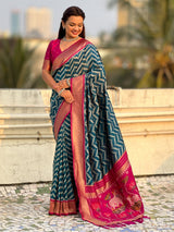 Premium Soft Silk Ikat Weave Pichwai Pallu Saree with Contrast Brocade Blouse