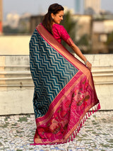 Premium Soft Silk Ikat Weave Pichwai Pallu Saree with Contrast Brocade Blouse