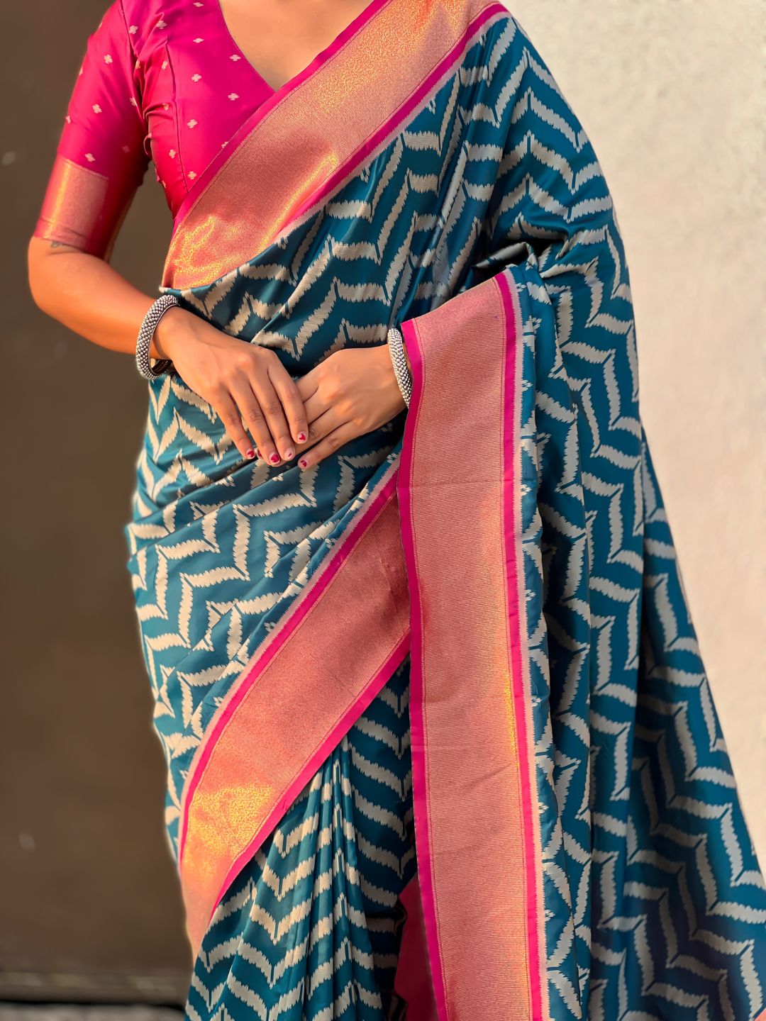 Premium Soft Silk Ikat Weave Pichwai Pallu Saree with Contrast Brocade Blouse
