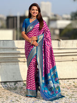 Premium Soft Silk Ikat Weave Pichwai Pallu Saree with Contrast Brocade Blouse