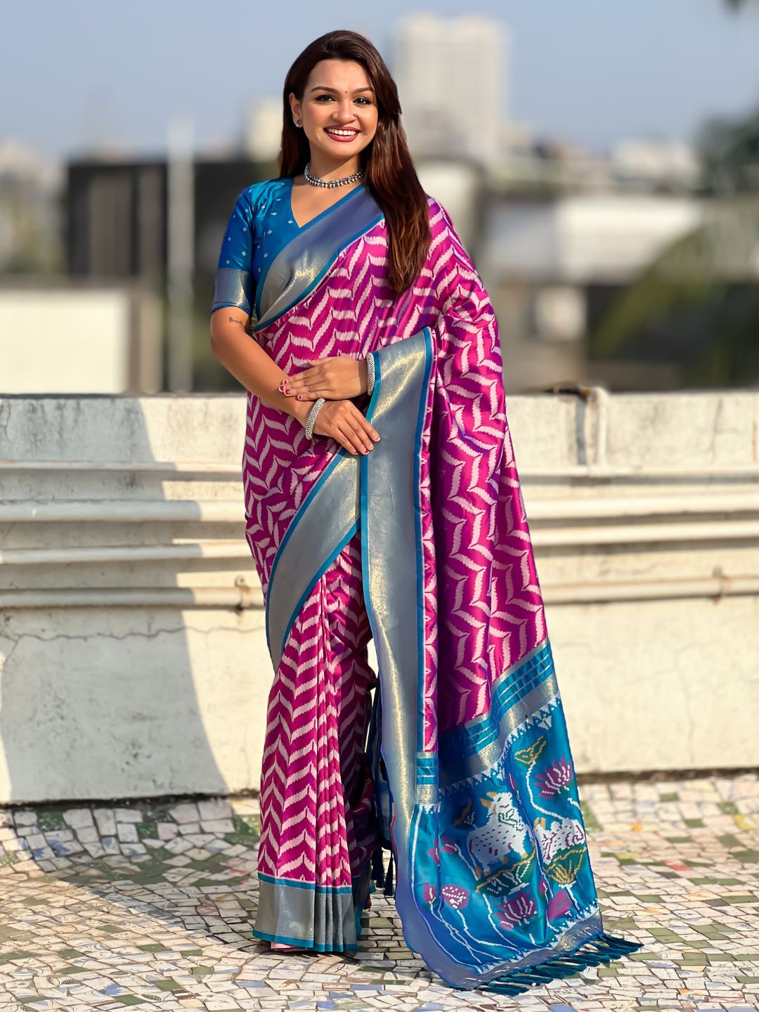 Premium Soft Silk Ikat Weave Pichwai Pallu Saree with Contrast Brocade Blouse
