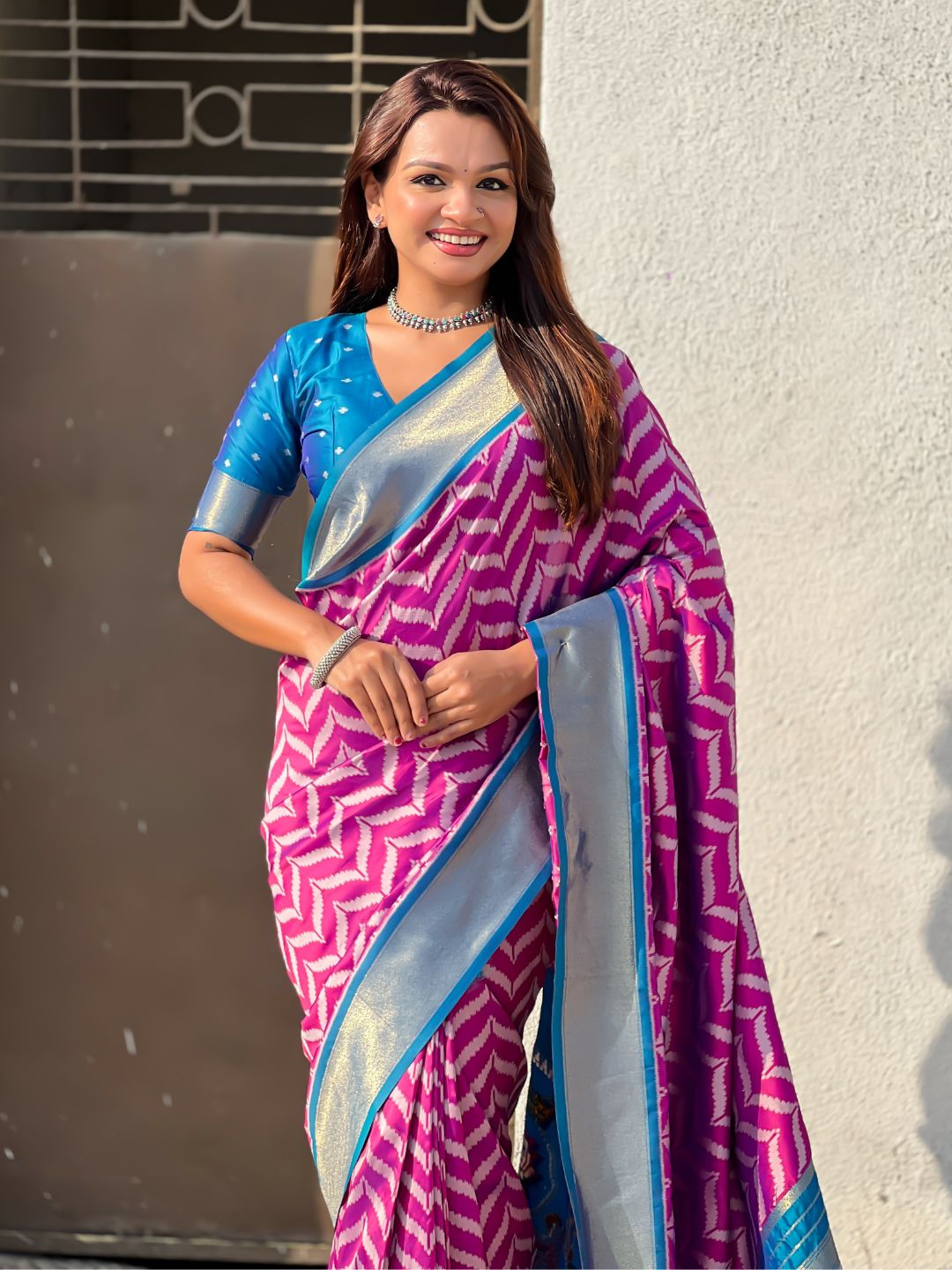 Premium Soft Silk Ikat Weave Pichwai Pallu Saree with Contrast Brocade Blouse