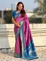 Premium Soft Silk Ikat Weave Pichwai Pallu Saree with Contrast Brocade Blouse