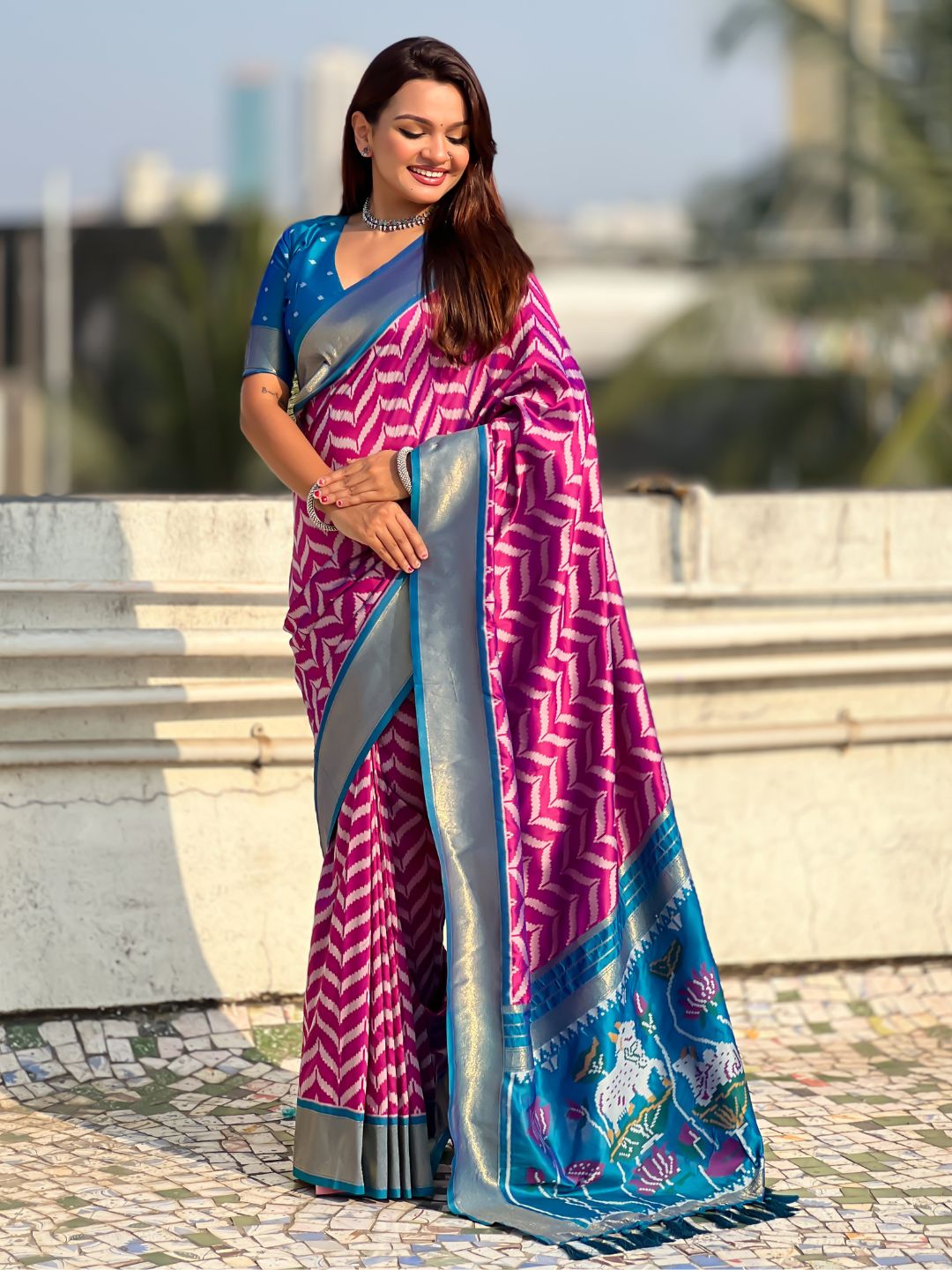 Premium Soft Silk Ikat Weave Pichwai Pallu Saree with Contrast Brocade Blouse