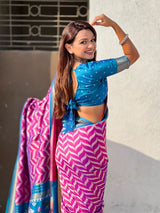 Premium Soft Silk Ikat Weave Pichwai Pallu Saree with Contrast Brocade Blouse