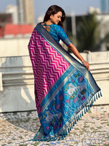 Premium Soft Silk Ikat Weave Pichwai Pallu Saree with Contrast Brocade Blouse