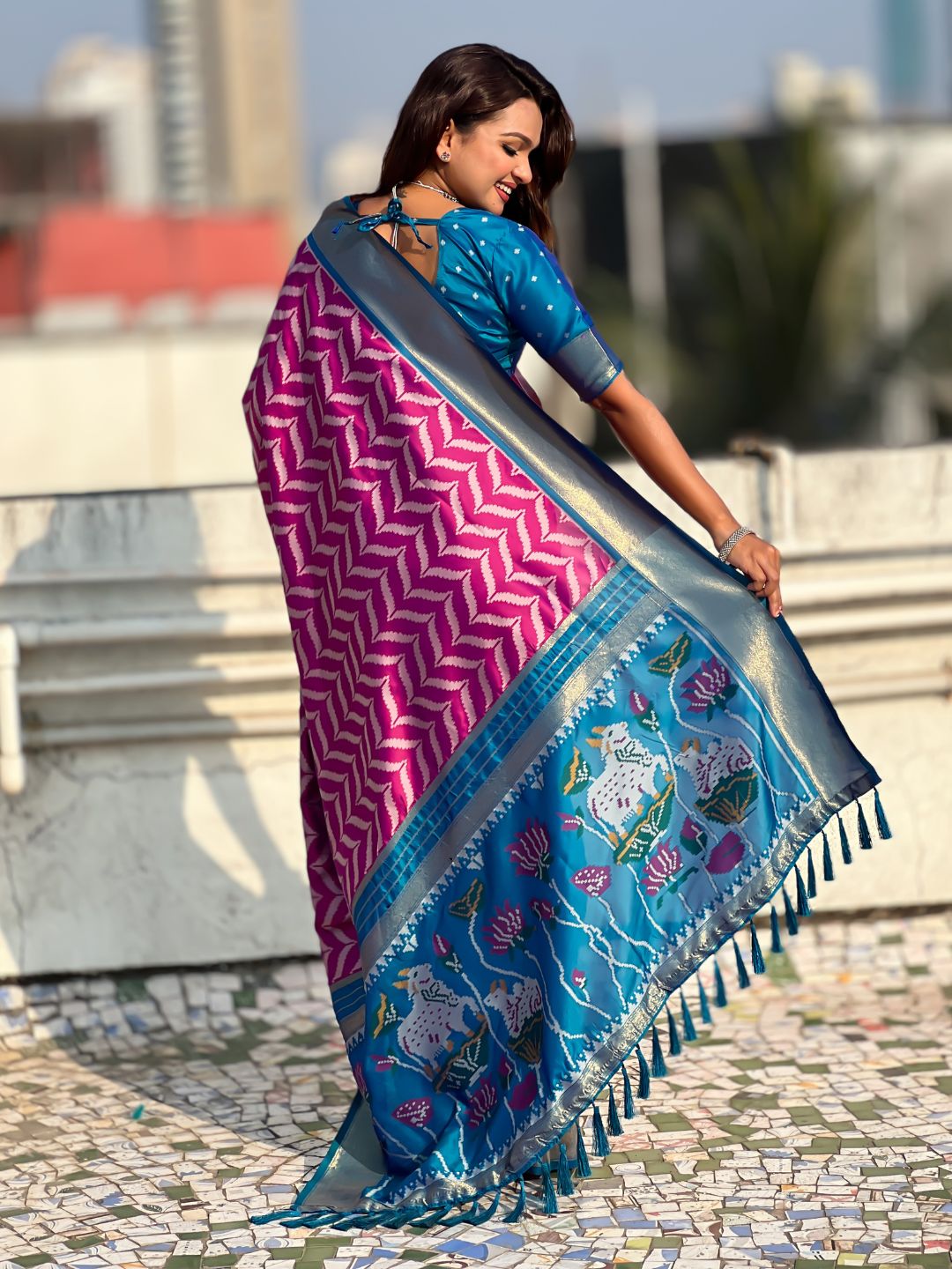 Premium Soft Silk Ikat Weave Pichwai Pallu Saree with Contrast Brocade Blouse