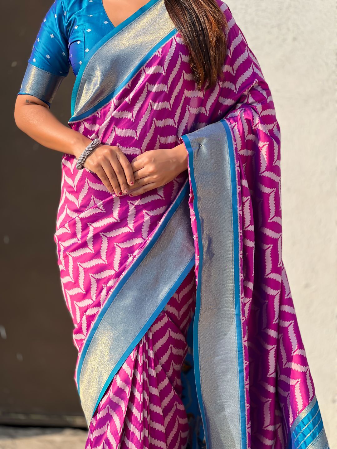 Premium Soft Silk Ikat Weave Pichwai Pallu Saree with Contrast Brocade Blouse