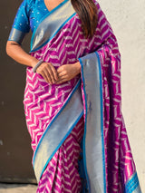 Premium Soft Silk Ikat Weave Pichwai Pallu Saree with Contrast Brocade Blouse