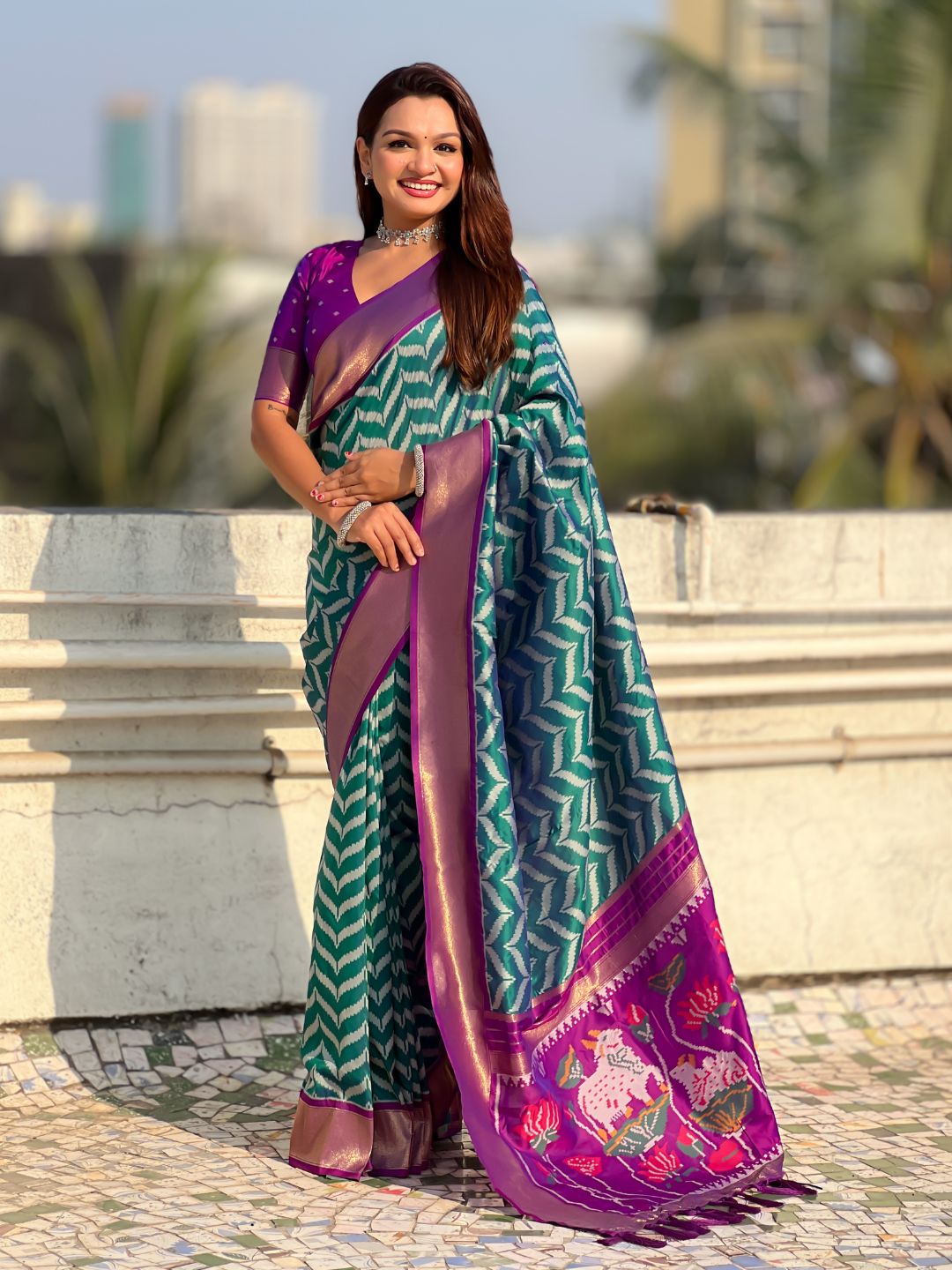 Premium Soft Silk Ikat Weave Pichwai Pallu Saree with Contrast Brocade Blouse