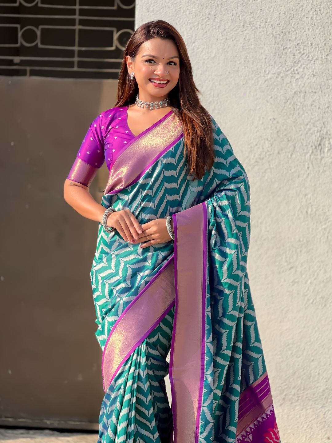 Premium Soft Silk Ikat Weave Pichwai Pallu Saree with Contrast Brocade Blouse