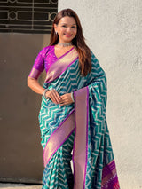 Premium Soft Silk Ikat Weave Pichwai Pallu Saree with Contrast Brocade Blouse