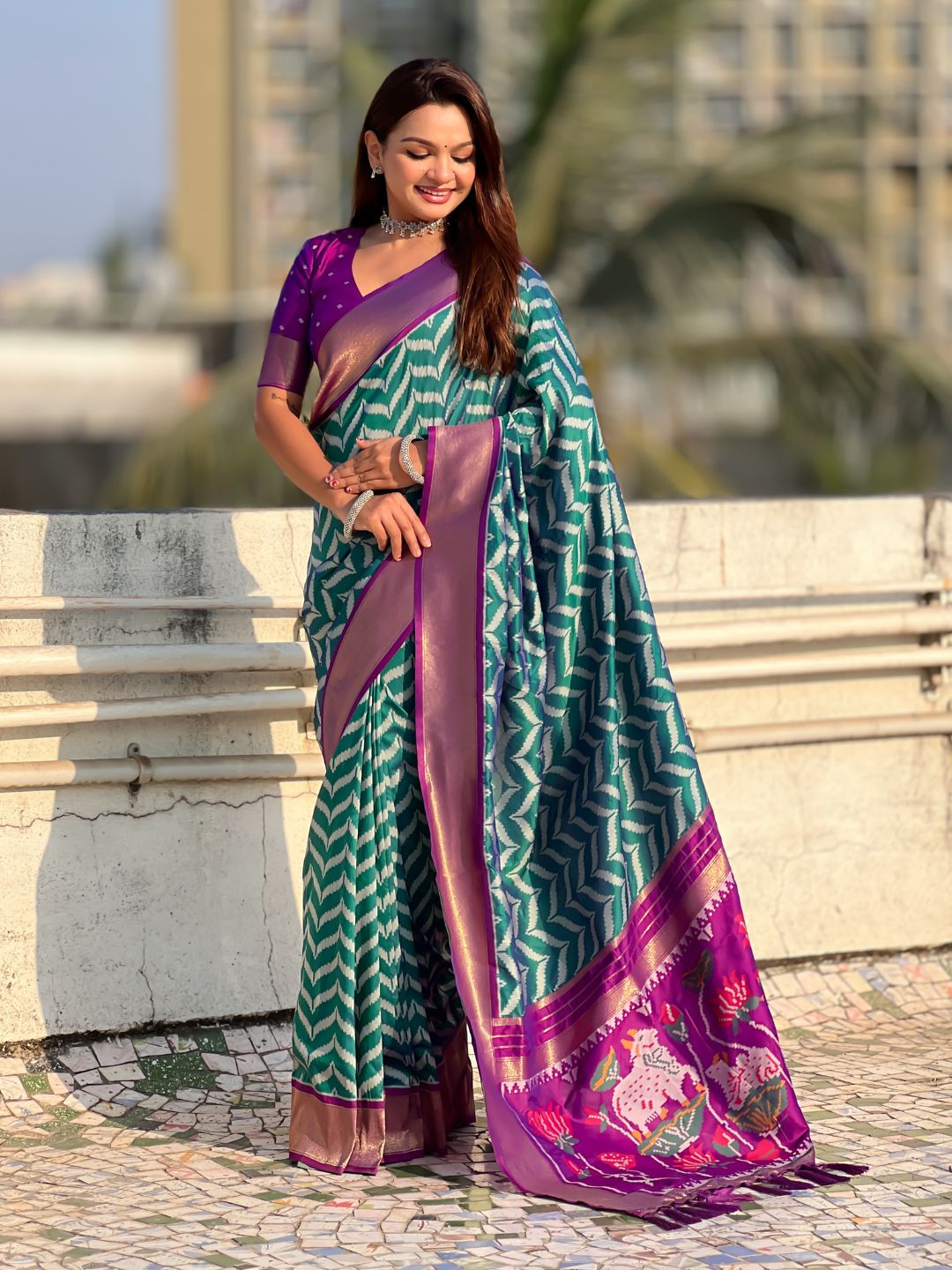 Premium Soft Silk Ikat Weave Pichwai Pallu Saree with Contrast Brocade Blouse