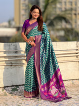 Premium Soft Silk Ikat Weave Pichwai Pallu Saree with Contrast Brocade Blouse
