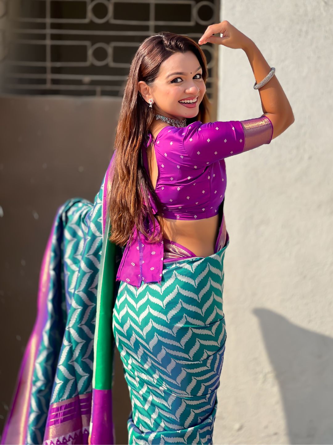 Premium Soft Silk Ikat Weave Pichwai Pallu Saree with Contrast Brocade Blouse