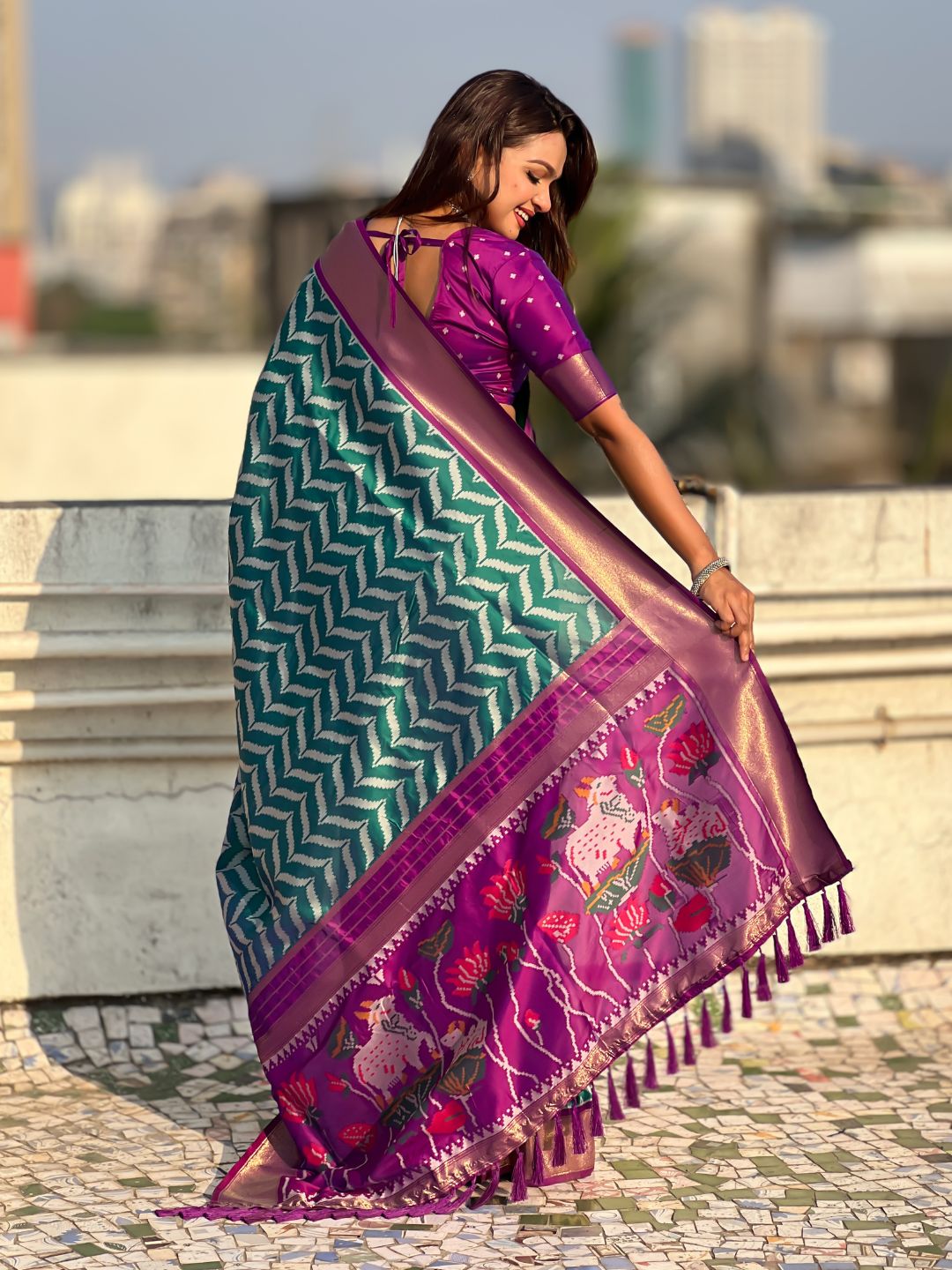 Premium Soft Silk Ikat Weave Pichwai Pallu Saree with Contrast Brocade Blouse