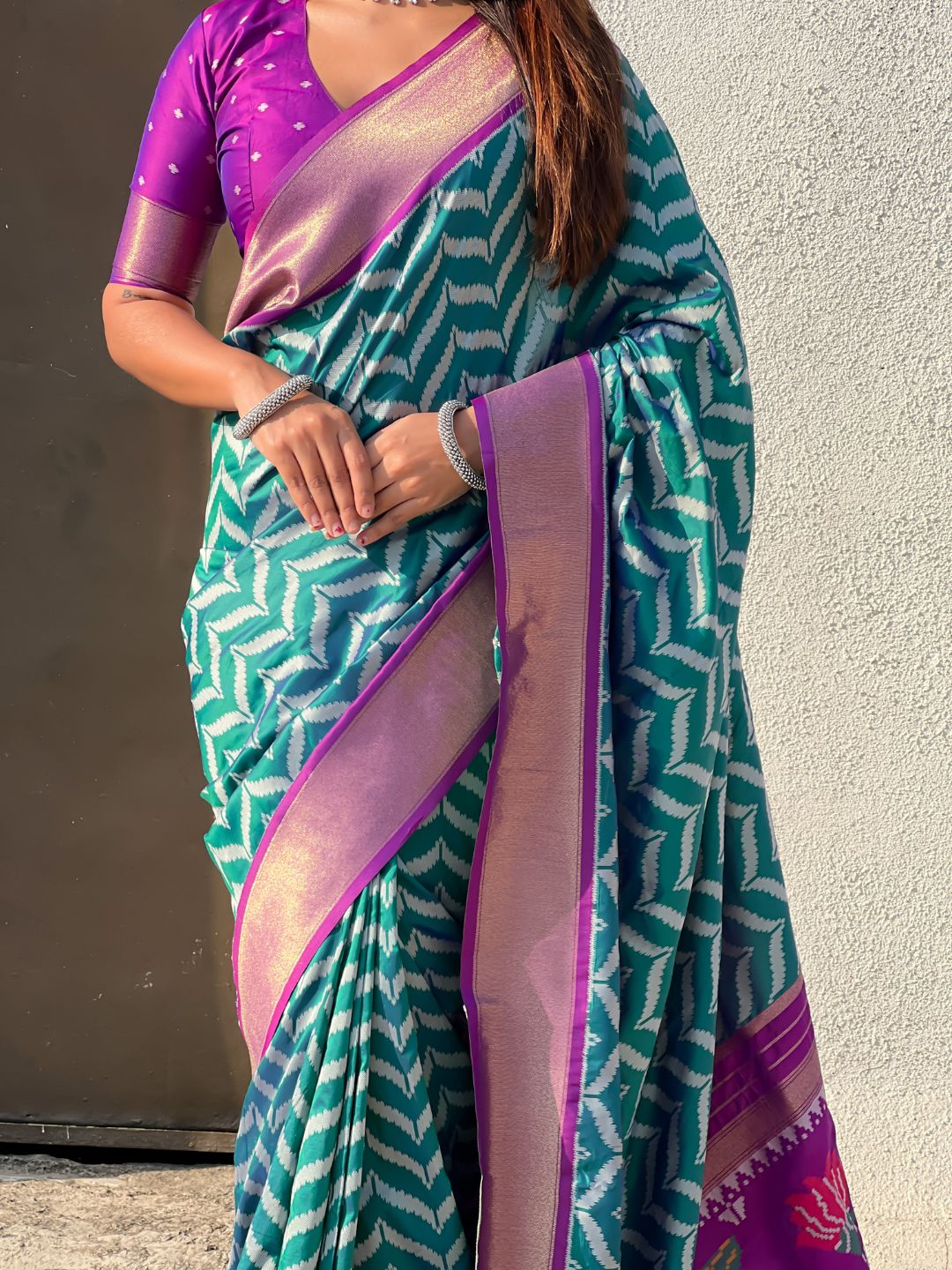 Premium Soft Silk Ikat Weave Pichwai Pallu Saree with Contrast Brocade Blouse