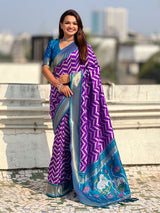 Premium Soft Silk Ikat Weave Pichwai Pallu Saree with Contrast Brocade Blouse