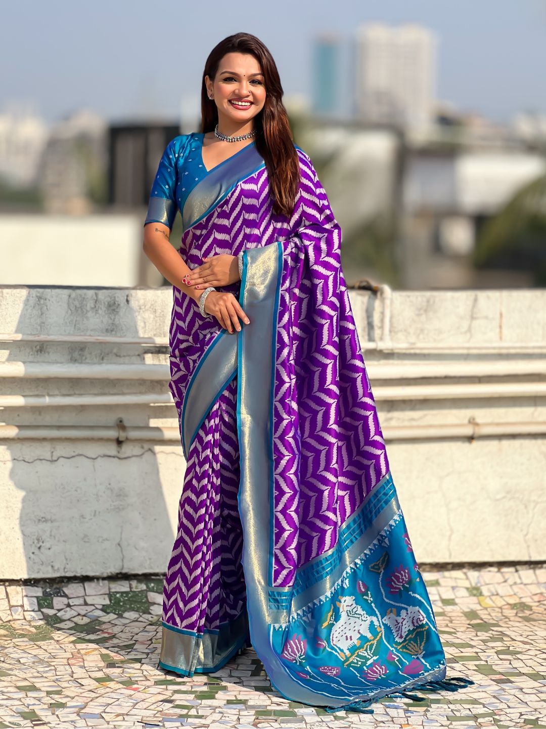 Premium Soft Silk Ikat Weave Pichwai Pallu Saree with Contrast Brocade Blouse