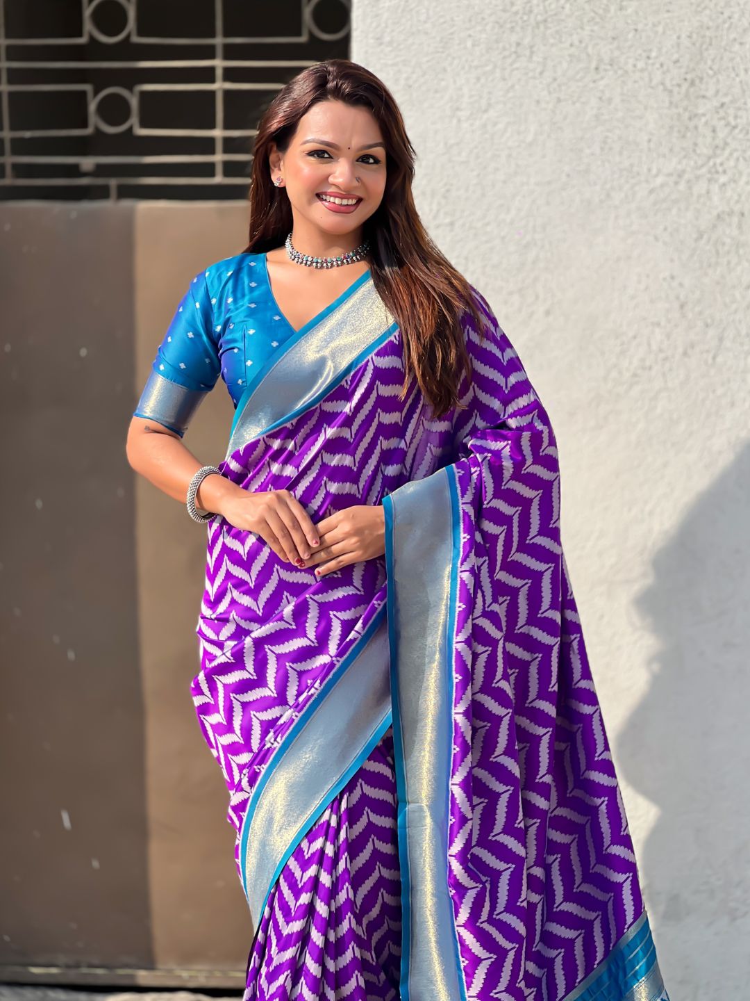 Premium Soft Silk Ikat Weave Pichwai Pallu Saree with Contrast Brocade Blouse