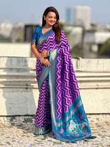Premium Soft Silk Ikat Weave Pichwai Pallu Saree with Contrast Brocade Blouse