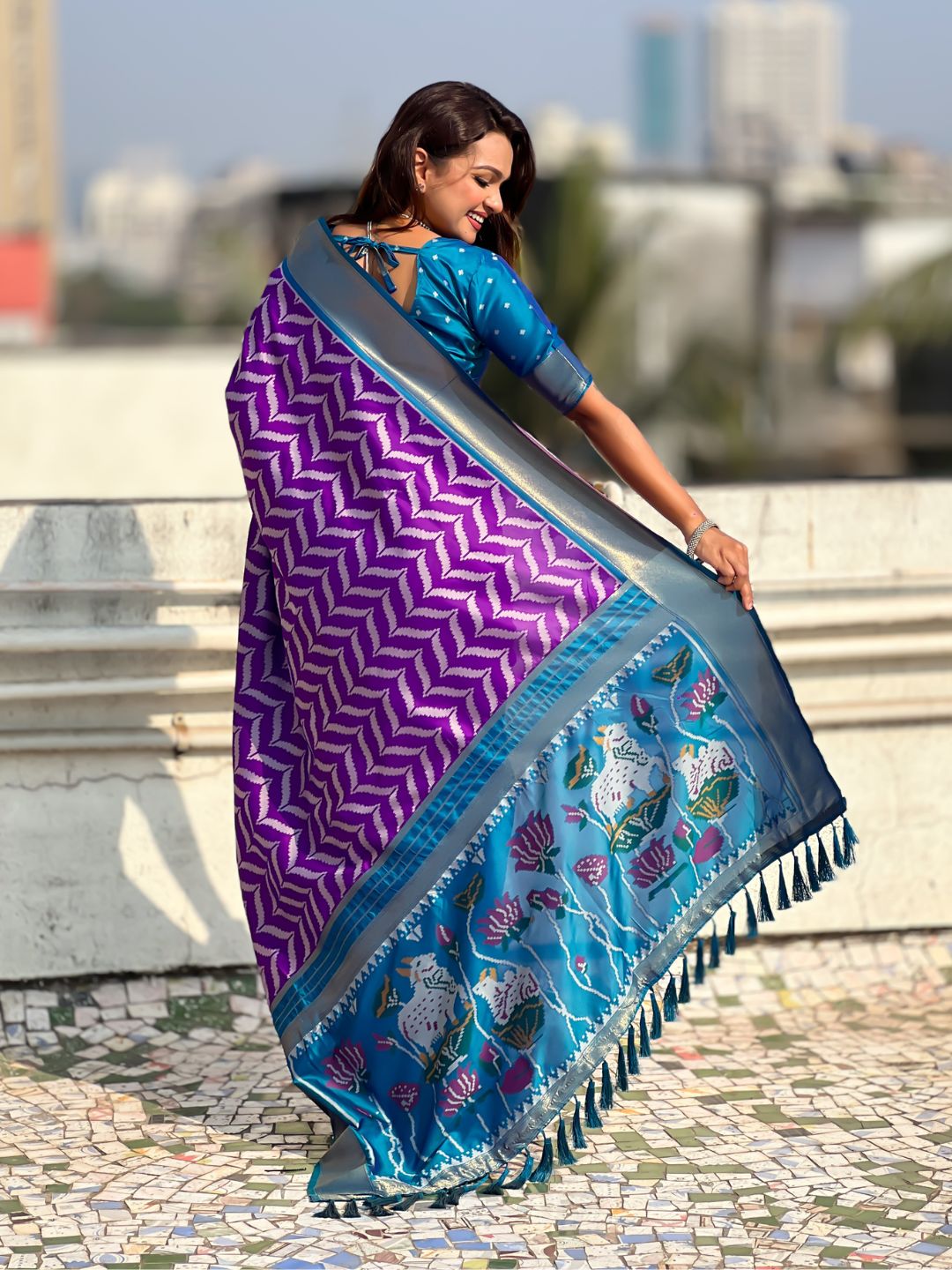 Premium Soft Silk Ikat Weave Pichwai Pallu Saree with Contrast Brocade Blouse