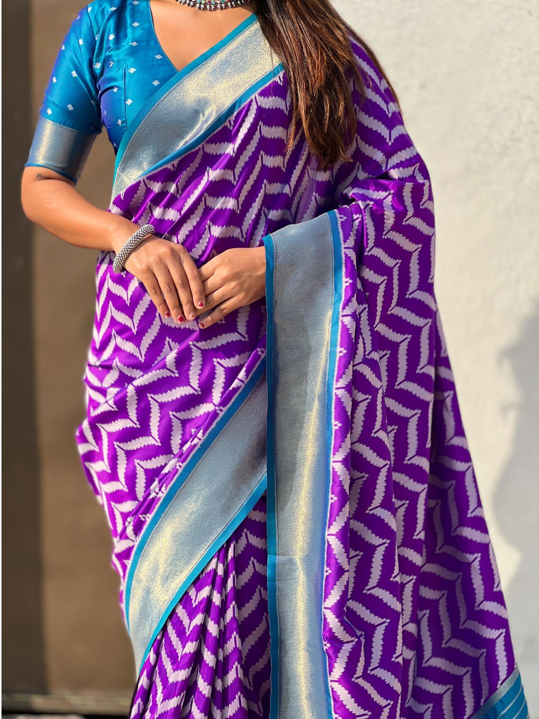Premium Soft Silk Ikat Weave Pichwai Pallu Saree with Contrast Brocade Blouse