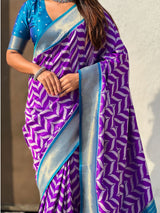 Premium Soft Silk Ikat Weave Pichwai Pallu Saree with Contrast Brocade Blouse