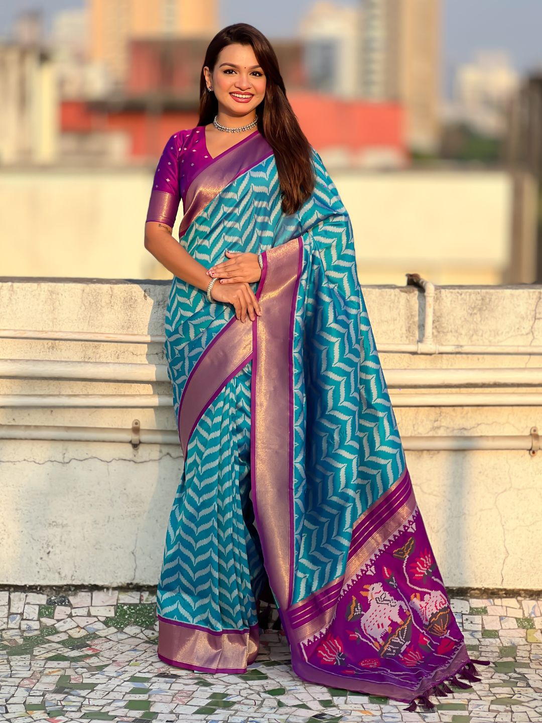 Premium Soft Silk Ikat Weave Pichwai Pallu Saree with Contrast Brocade Blouse
