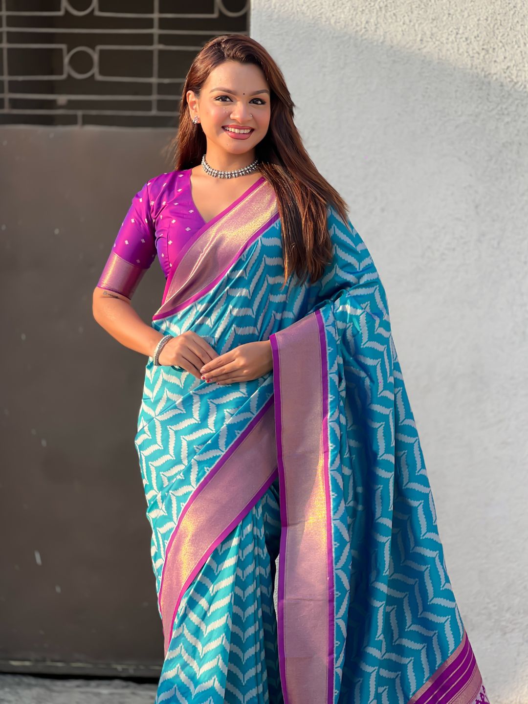 Premium Soft Silk Ikat Weave Pichwai Pallu Saree with Contrast Brocade Blouse