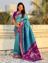 Premium Soft Silk Ikat Weave Pichwai Pallu Saree with Contrast Brocade Blouse
