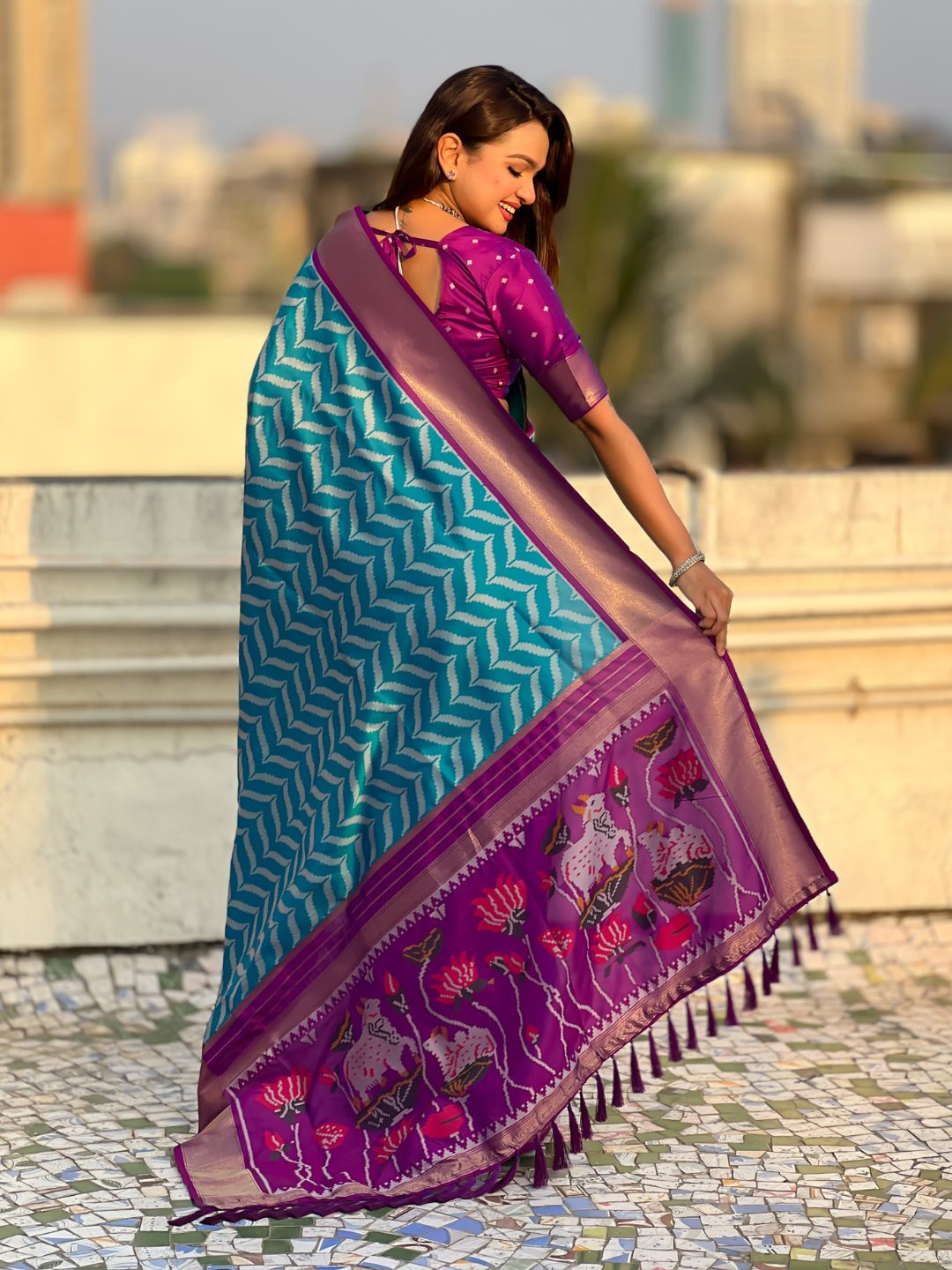 Premium Soft Silk Ikat Weave Pichwai Pallu Saree with Contrast Brocade Blouse