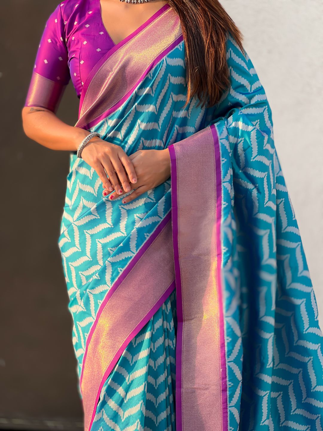 Premium Soft Silk Ikat Weave Pichwai Pallu Saree with Contrast Brocade Blouse