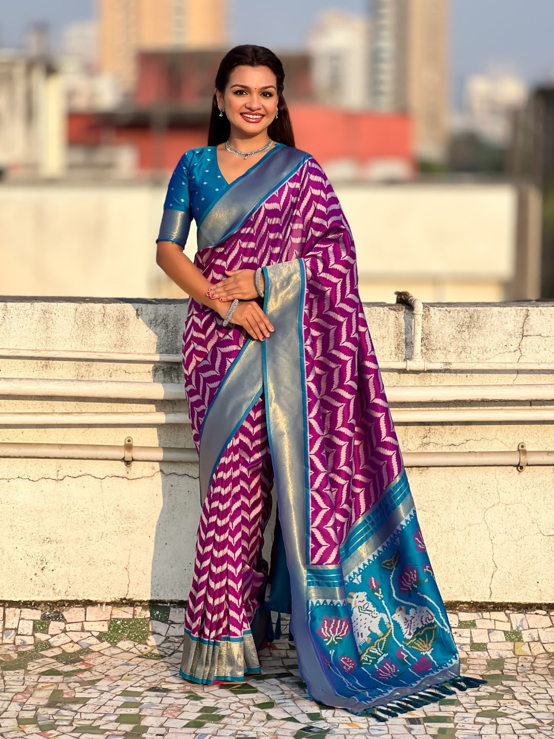 Premium Soft Silk Ikat Weave Pichwai Pallu Saree with Contrast Brocade Blouse