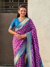 Premium Soft Silk Ikat Weave Pichwai Pallu Saree with Contrast Brocade Blouse