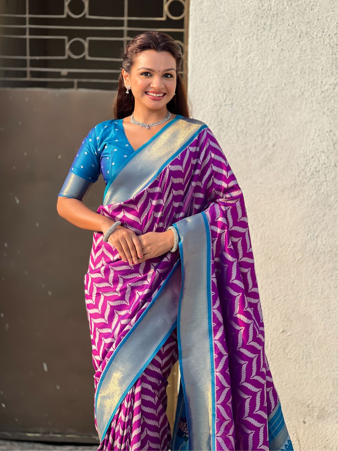 Premium Soft Silk Ikat Weave Pichwai Pallu Saree with Contrast Brocade Blouse