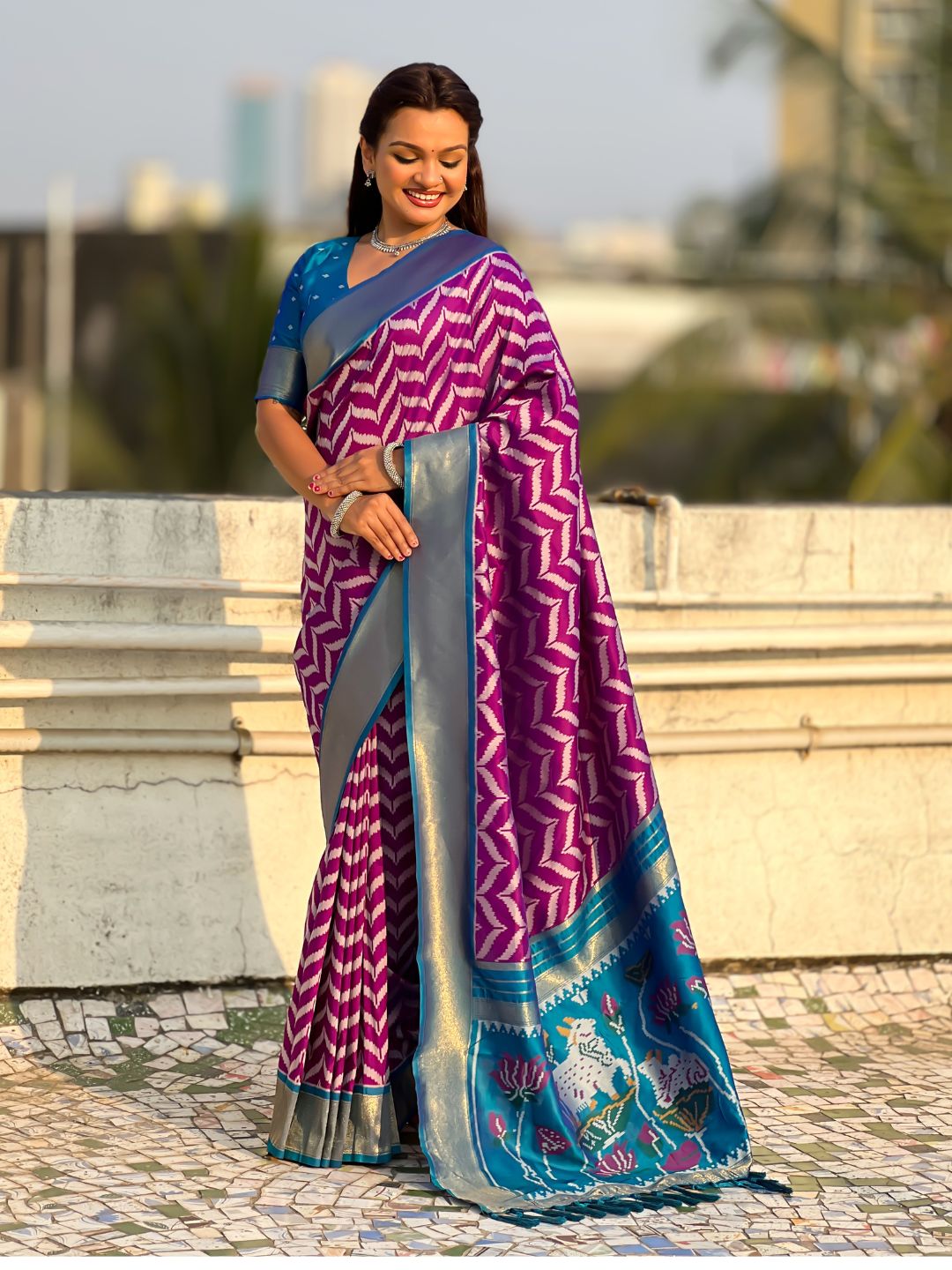 Premium Soft Silk Ikat Weave Pichwai Pallu Saree with Contrast Brocade Blouse