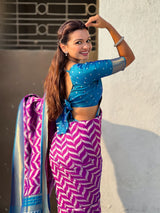 Premium Soft Silk Ikat Weave Pichwai Pallu Saree with Contrast Brocade Blouse