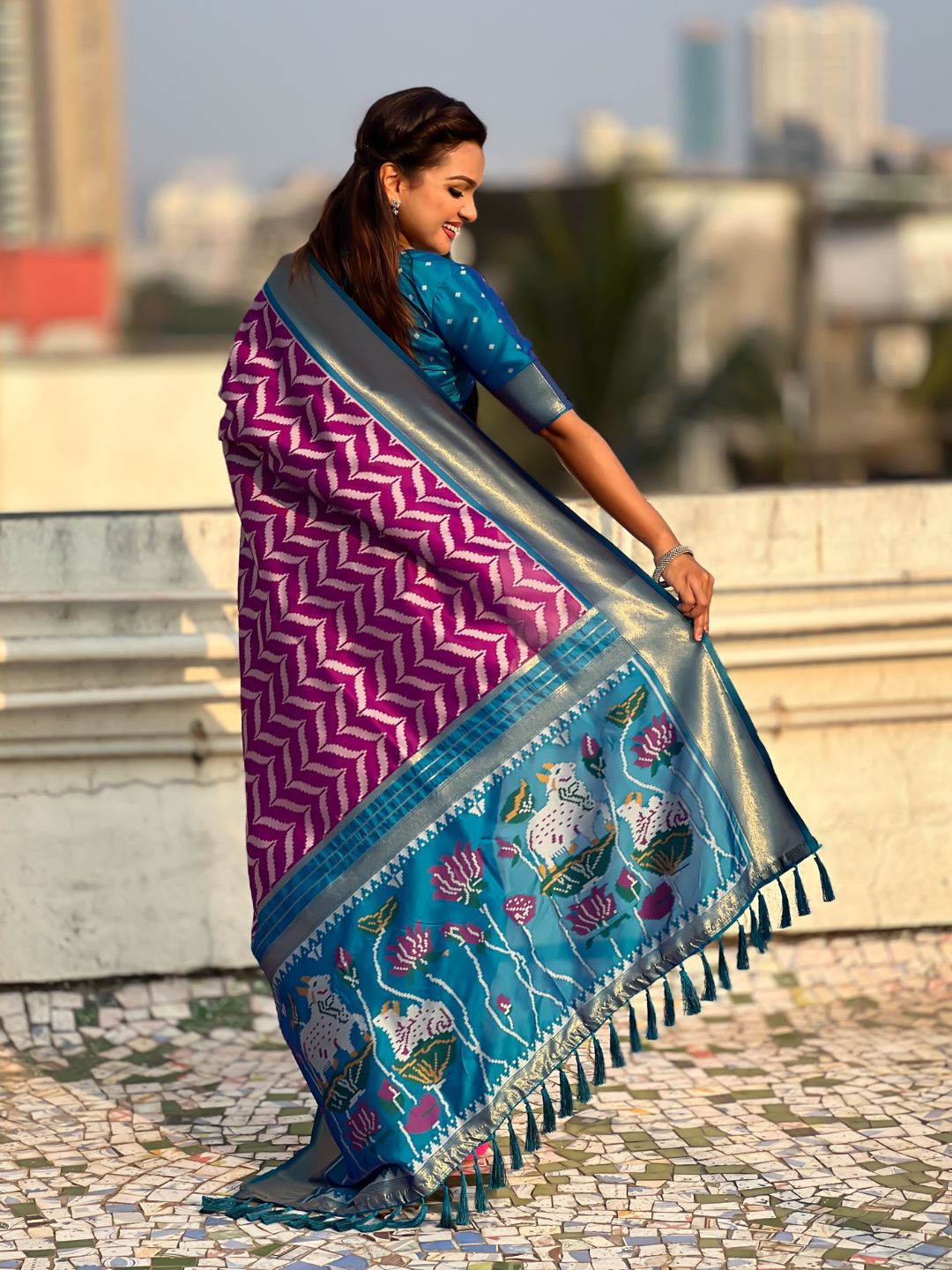Premium Soft Silk Ikat Weave Pichwai Pallu Saree with Contrast Brocade Blouse