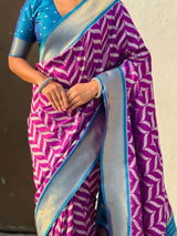 Premium Soft Silk Ikat Weave Pichwai Pallu Saree with Contrast Brocade Blouse
