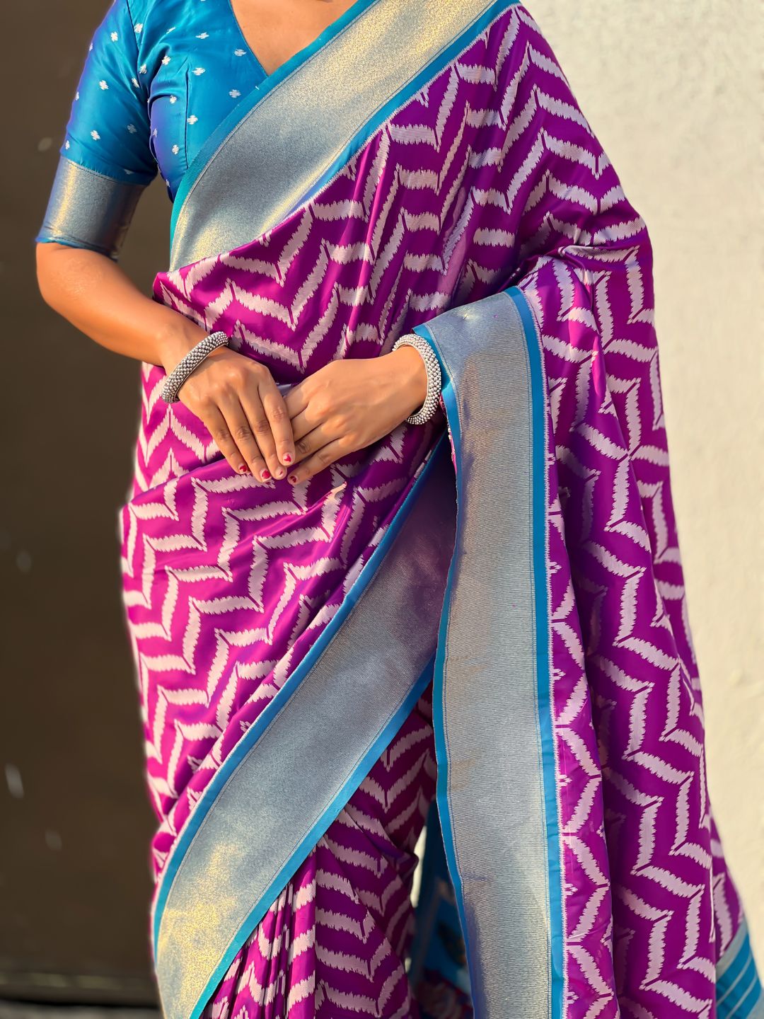 Premium Soft Silk Ikat Weave Pichwai Pallu Saree with Contrast Brocade Blouse
