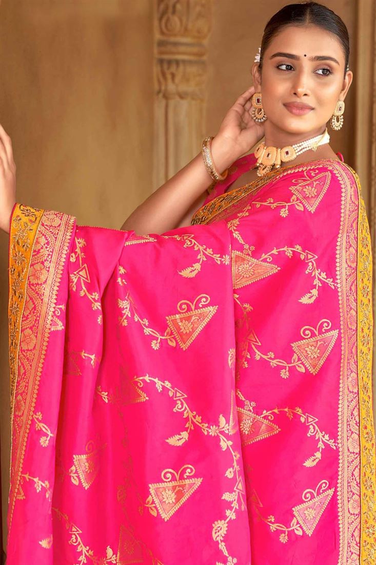Banarasi Style silk Fabric Magenta Color Weaving Work Glamorous Saree