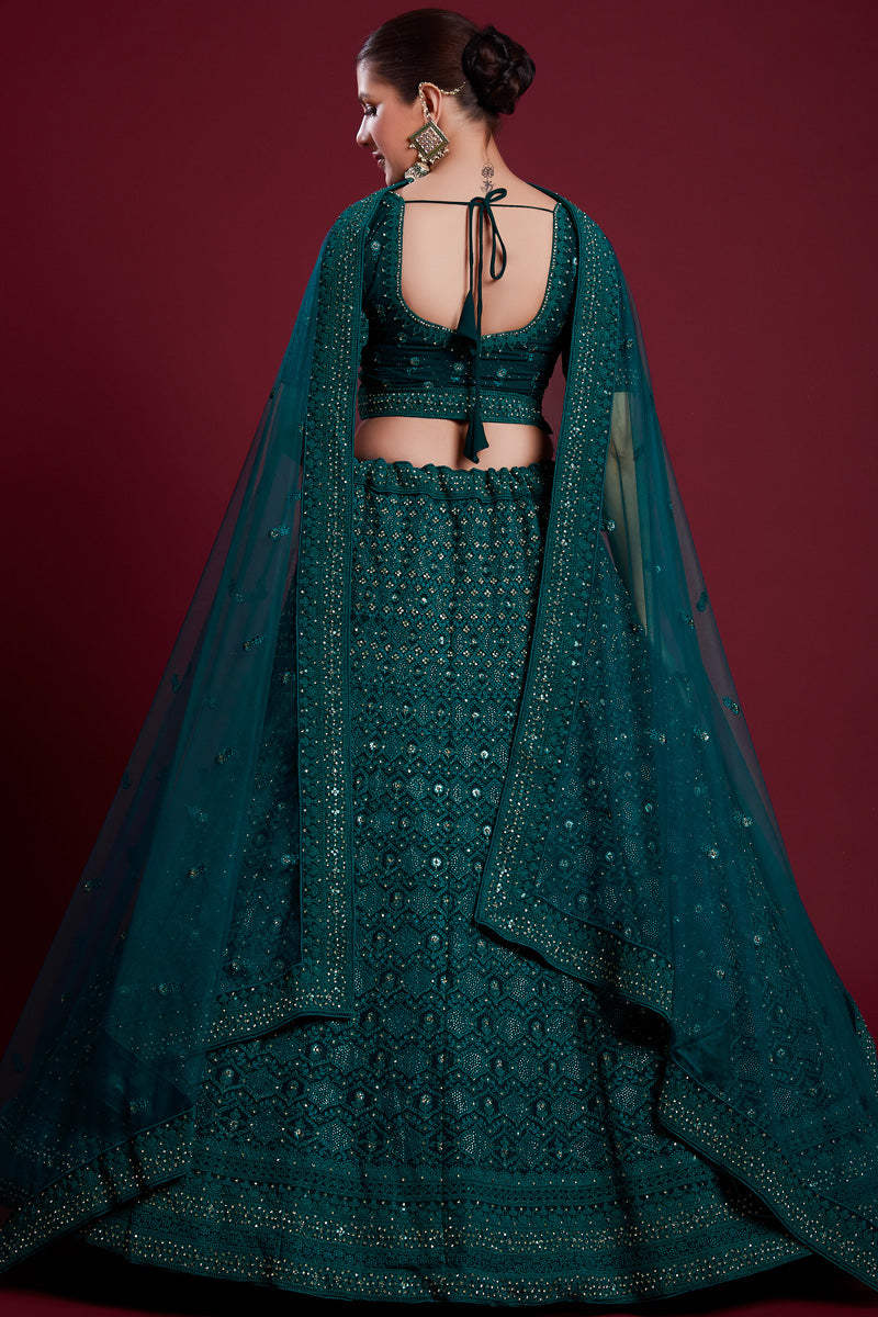 Royal Teal Georgette Lehenga With Intricate Embroidered And Zarkan Work