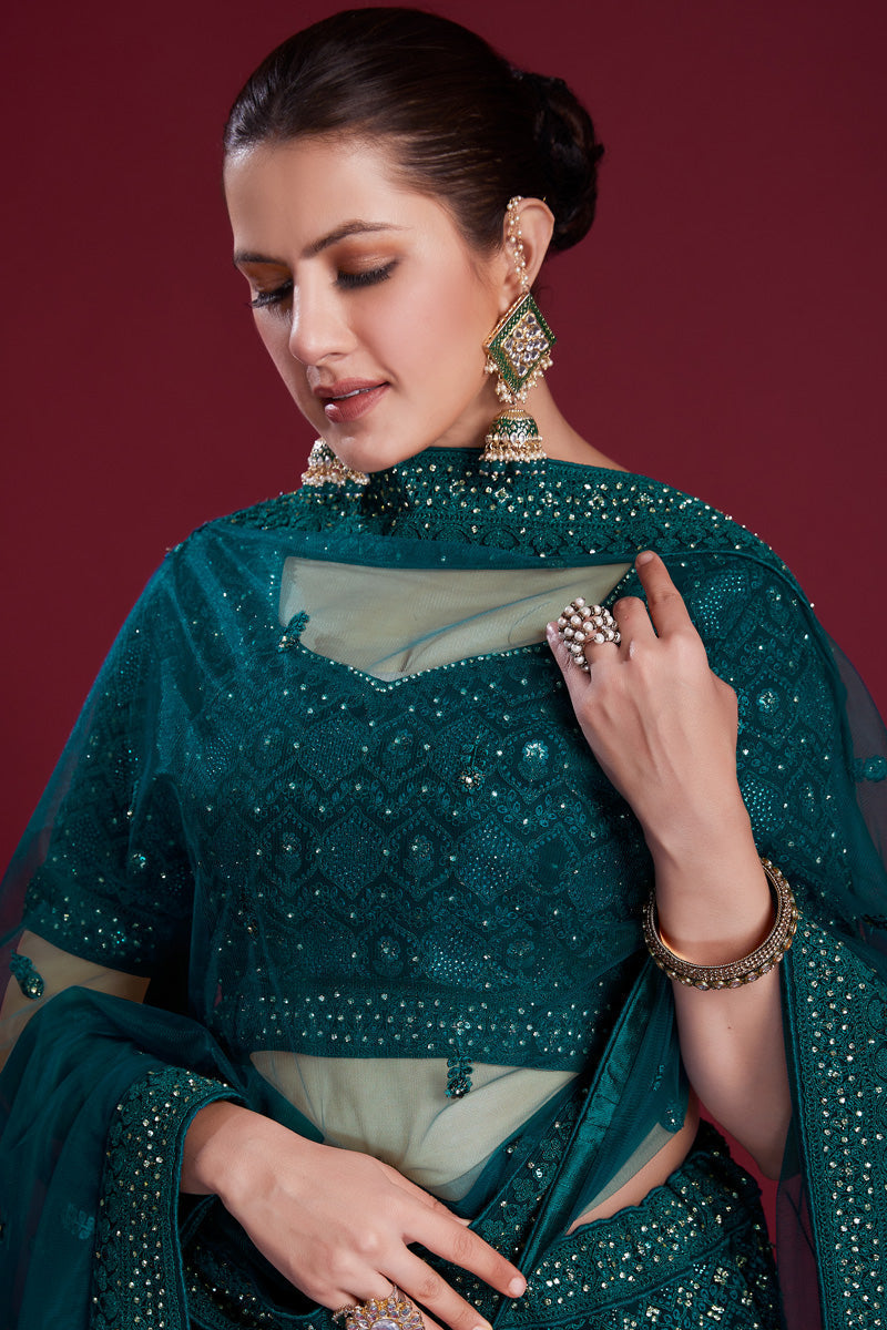 Royal Teal Georgette Lehenga With Intricate Embroidered And Zarkan Work