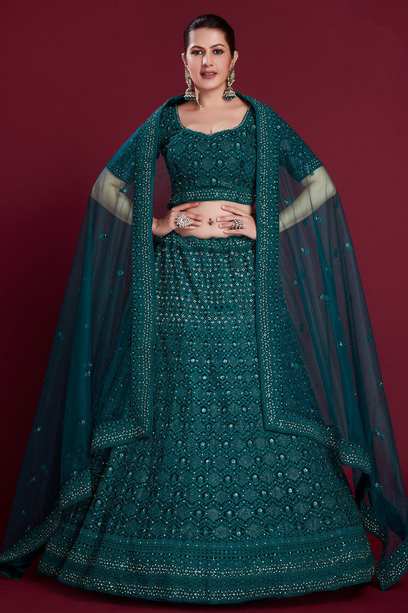 Royal Teal Georgette Lehenga With Intricate Embroidered And Zarkan Work